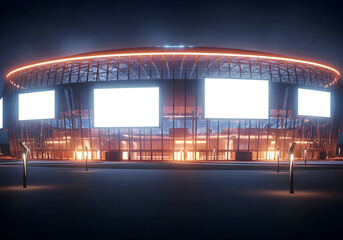 Modern sports arena at night, illuminated with bright lights and digital screens, showcasing a futuristic architectural design under a dark sky, perfect for events and entertainment venues
