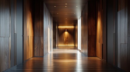 Warmly Lit Modern Wooden Hallway with Dramatic Spotlight and Reflective Floor.