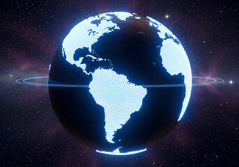 Fototapeta premium Futuristic Earth Globe with Glowing Continents and Cosmic Rings Amidst a Starry Nebula, High-Tech Visualization of Global Connectivity