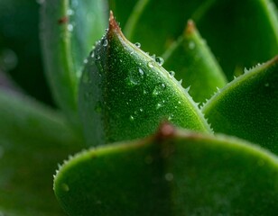 Ultra close-up macro shot of succulent leaves with water droplets, high detail, shallow depth of field, soft natural light