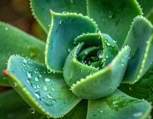 Ultra close-up macro shot of succulent leaves with water droplets, high detail, shallow depth of field, soft natural light