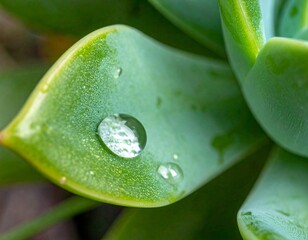 Ultra close-up macro shot of succulent leaves with water droplets, high detail, shallow depth of field, soft natural light
