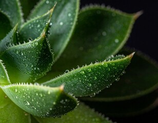 Ultra close-up macro shot of succulent leaves with water droplets, high detail, shallow depth of field, soft natural light