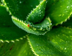 Ultra close-up macro shot of succulent leaves with water droplets, high detail, shallow depth of field, soft natural light