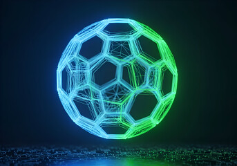 Naklejka premium Futuristic Neon Sphere Abstract 3D Render of a Geometric Structure Glowing in Green and Blue Against a Dark Backdrop