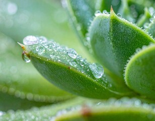 Ultra close-up macro shot of succulent leaves with water droplets, high detail, shallow depth of field, soft natural light