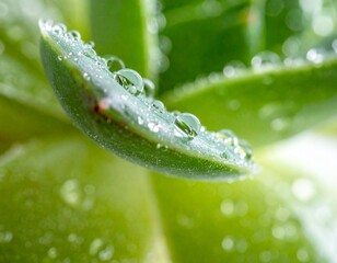 Ultra close-up macro shot of succulent leaves with water droplets, high detail, shallow depth of field, soft natural light