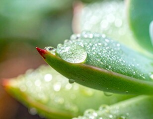 Ultra close-up macro shot of succulent leaves with water droplets, high detail, shallow depth of field, soft natural light