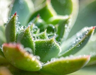 Ultra close-up macro shot of succulent leaves with water droplets, high detail, shallow depth of field, soft natural light