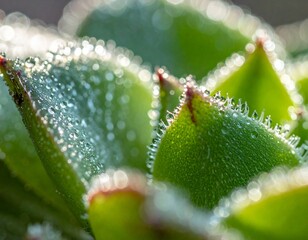 Ultra close-up macro shot of succulent leaves with water droplets, high detail, shallow depth of field, soft natural light