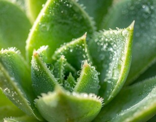 Ultra close-up macro shot of succulent leaves with water droplets, high detail, shallow depth of field, soft natural light