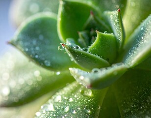 Ultra close-up macro shot of succulent leaves with water droplets, high detail, shallow depth of field, soft natural light