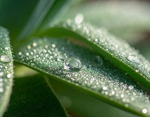 Ultra close-up macro shot of succulent leaves with water droplets, high detail, shallow depth of field, soft natural light