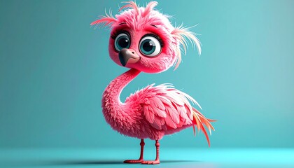 A cute, fluffy, pink flamingo chick rendered in 3D against a teal background