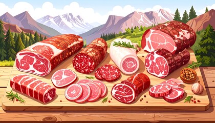 Assorted sliced cured meats on a wooden board against a mountain backdrop