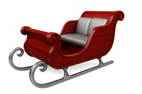 Santa claus red sleigh with silver runners and gray cushions