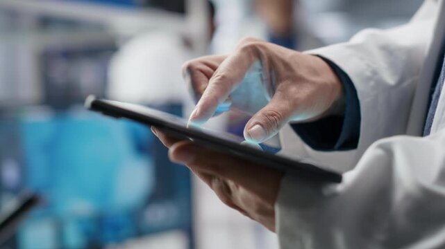 Close up of tablet running important experiment data in a research lab, woman scientist studies experiment. Biotechnology, genetics research and pharmacology for progress in chemistry. Camera B.