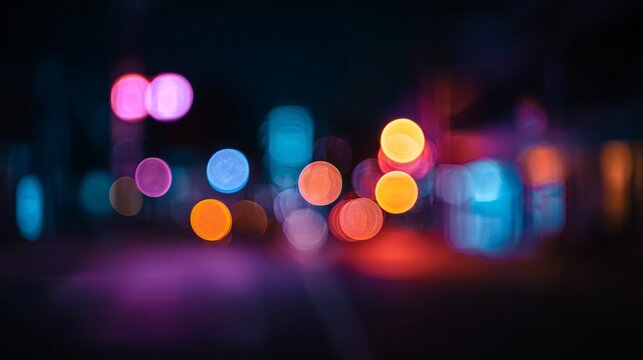 Vibrant city lights blur into soft, colorful bokeh circles, creating an abstract urban nightscape of glowing orange, pink, blue, and purple hues - Powered by Adobe