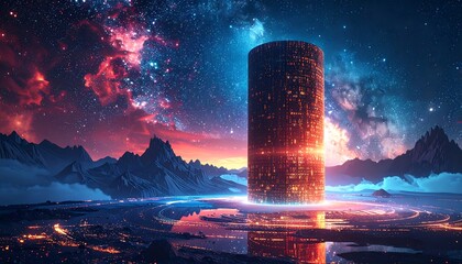 Futuristic city structure bathed in cosmic light, reflecting on a tranquil lake