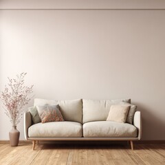 Minimalist Living Room - Beige Sofa, Wooden Floor, and Delicate Floral Arrangement.