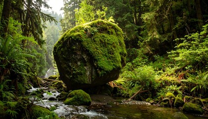 Mossy boulder perched beside a stream in a lush, green, sun-dappled forest setting