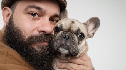 A heartwarming moment between a man with a beard and a French Bulldog, showcasing their bond and love for pets in a cozy indoor setting.
