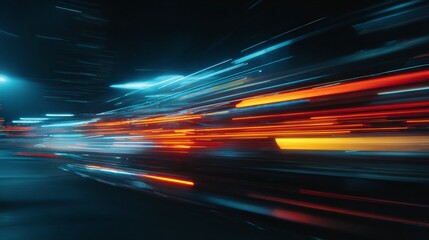 Dynamic light trails capturing high-speed motion with vibrant blue and fiery orange streaks blending into a blurred abstract landscape of velocity and energy