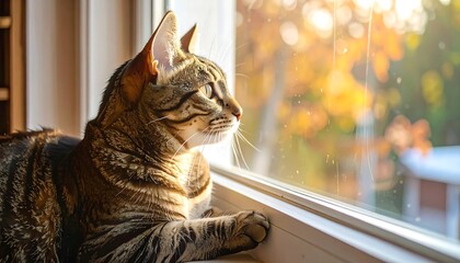 Tabby Cat Gazing Out Window at Autumnal Scene