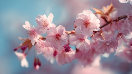 Delicate pink cherry blossoms in full bloom, softly illuminated against a dreamy blue background, capturing the ephemeral beauty of spring's tender awakening