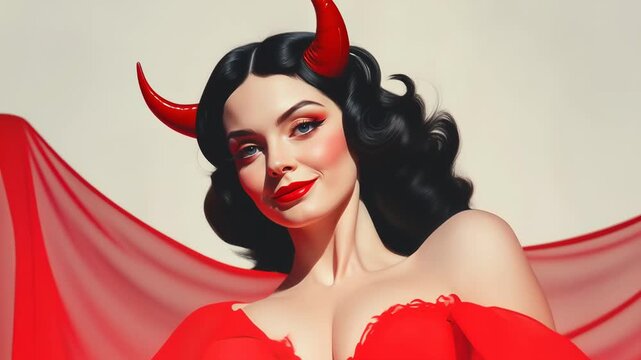 Woman in red dress with devil horns and sensual makeup for Halloween party footage