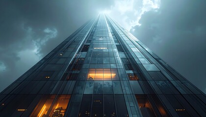 A low-angle shot of a modern glass skyscraper piercing through a dramatic, cloudy sky, emitting light