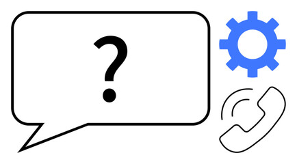Question mark in speech bubble with gear and phone icon signifies communication, troubleshooting, and interaction. Ideal for customer support, feedback, inquiry, technical assistance, services, help