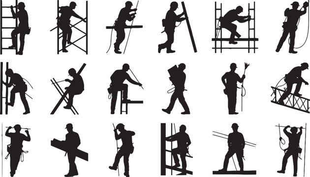 Collection of black silhouettes of construction workers performing various tasks on scaffolding and ladders