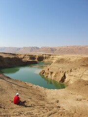 Secret river on the dead sea, view of a long and dry salt river stream in the northern part of the...