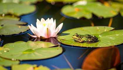 Frog rests on a lily pad near a water lily, surrounded by other lily pads in pond