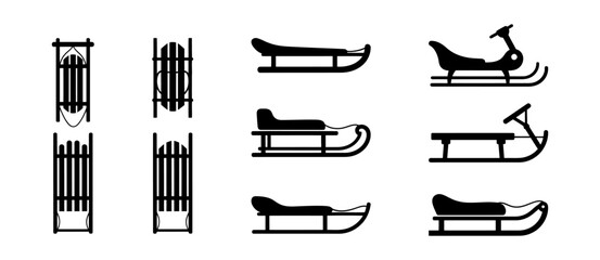 Collection of Sled Silhouette Graphics in a Vector Format on White Background