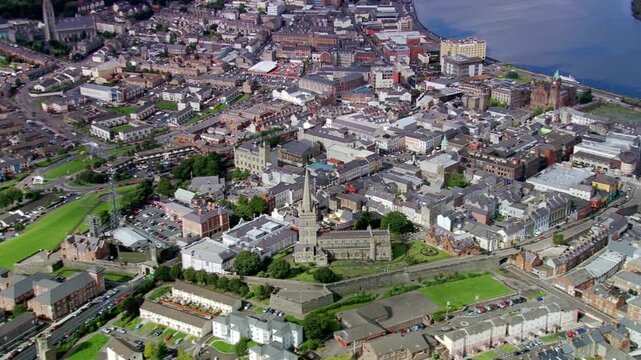Aerial view of the city of derry, northern ireland, showcasing its urban landscape