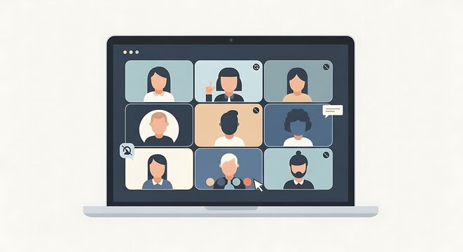 Vector Illustration of Online Meeting on Laptop Screen Remote Work Concept.