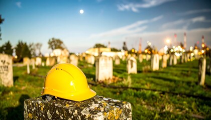 Yellow hardhat rests on old, mossy stone in overgrown graveyard at dusk, industry glows