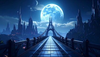 Futuristic cityscape bridge at night