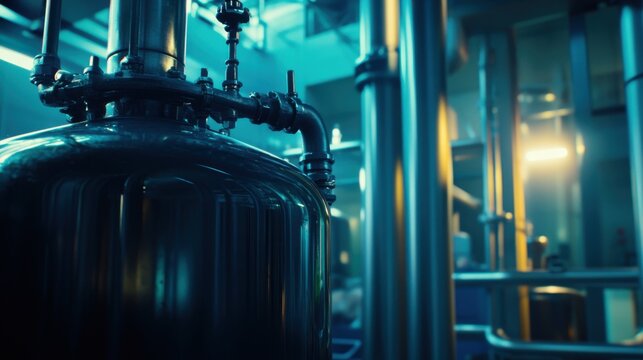 Industrial machinery in a modern facility with pipes and illuminated workspace