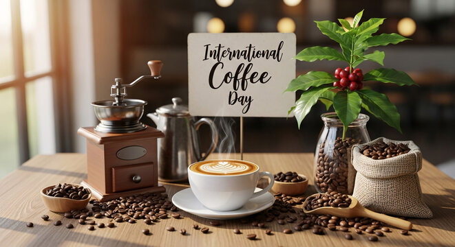A festive setup for International Coffee Day featuring a cappuccino, coffee grinder, beans, and a small coffee plant on a wooden table. - Powered by Adobe