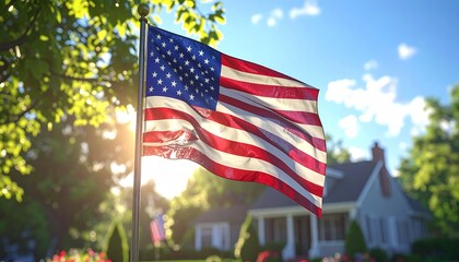 American Flag Waving Proudly in Front of a Suburban Home on a Sunny Day