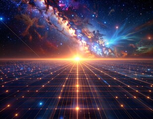 Futuristic cityscape of stars and sunrise