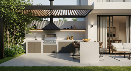 Modern outdoor kitchen with sleek cabinetry, built-in grill, pergola, and bar seating area. Clean lines and minimalist design integrate seamlessly with the surrounding landscape.
