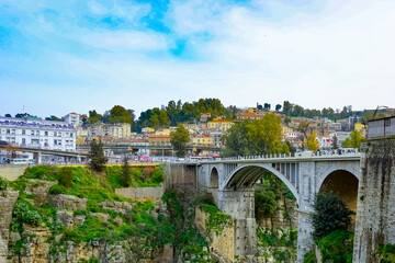 Naklejka premium Panoramic view of Constantine city with the historic El Kantara bridge and rocky limestone cliffs, Algeria