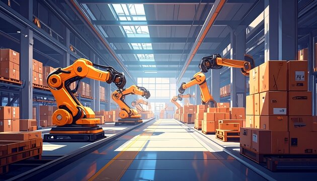 Futuristic automated warehouse showcasing smart logistics with robotic arms diligently sorting and moving packages, embodying industrial efficiency and advanced supply chain management