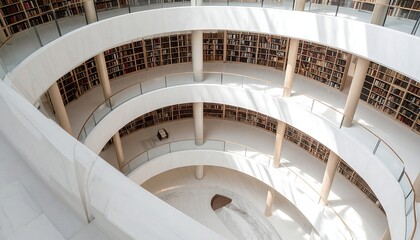 A modern library interior, viewed from above, showcasing a spiral design with multiple levels lined with bookshelves and a bright marble floor