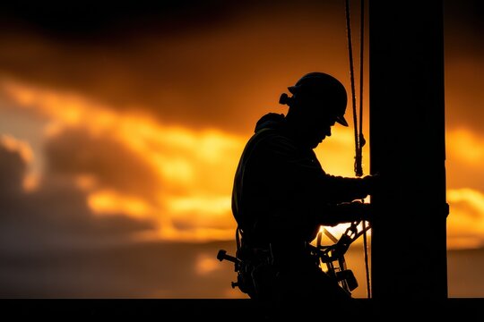 Silhouette of a construction worker scaling a pole against a dramatic sunset backdrop