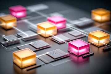 Networked glowing cubes on a dark surface